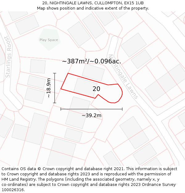 20, NIGHTINGALE LAWNS, CULLOMPTON, EX15 1UB: Plot and title map