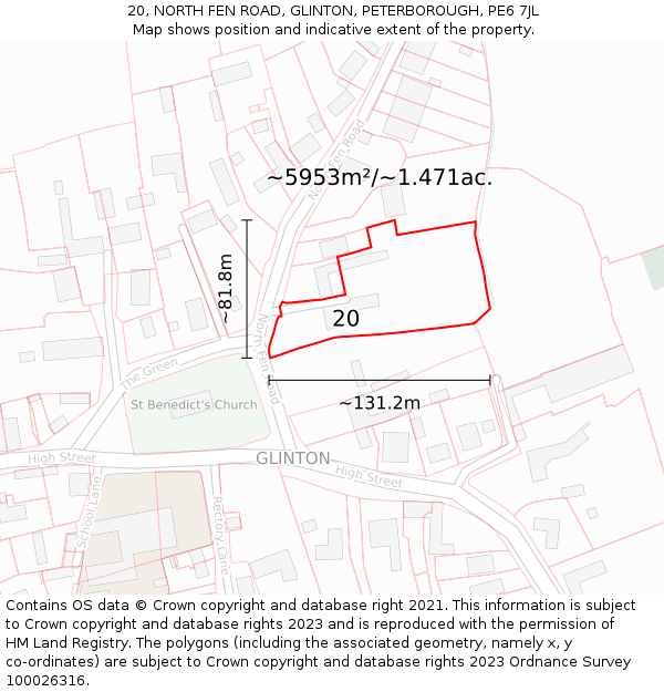 20, NORTH FEN ROAD, GLINTON, PETERBOROUGH, PE6 7JL: Plot and title map