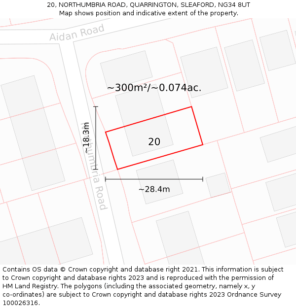 20, NORTHUMBRIA ROAD, QUARRINGTON, SLEAFORD, NG34 8UT: Plot and title map