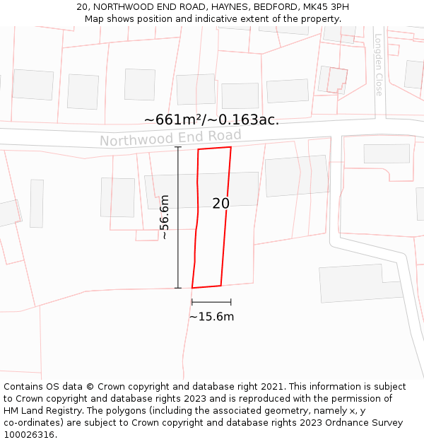20, NORTHWOOD END ROAD, HAYNES, BEDFORD, MK45 3PH: Plot and title map