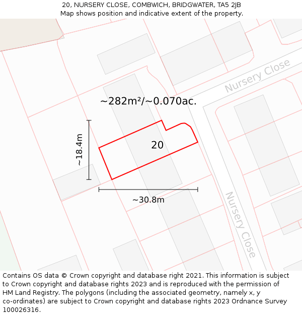 20, NURSERY CLOSE, COMBWICH, BRIDGWATER, TA5 2JB: Plot and title map