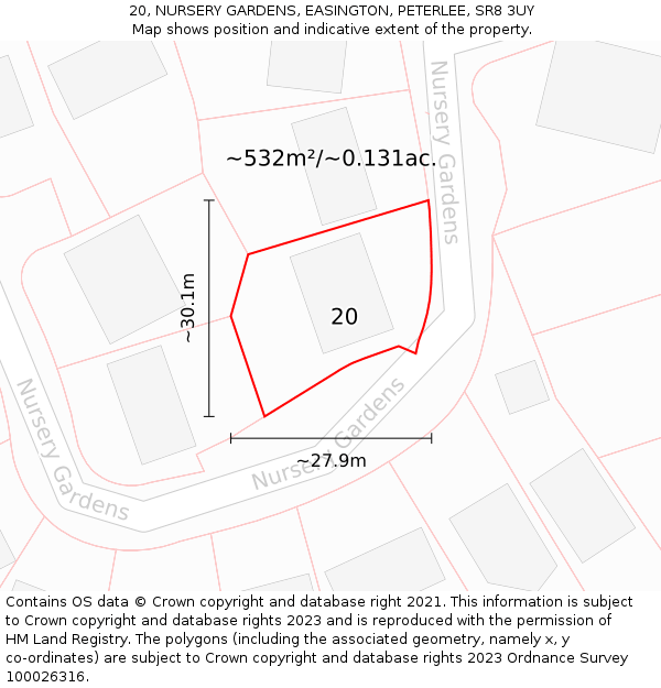 20, NURSERY GARDENS, EASINGTON, PETERLEE, SR8 3UY: Plot and title map