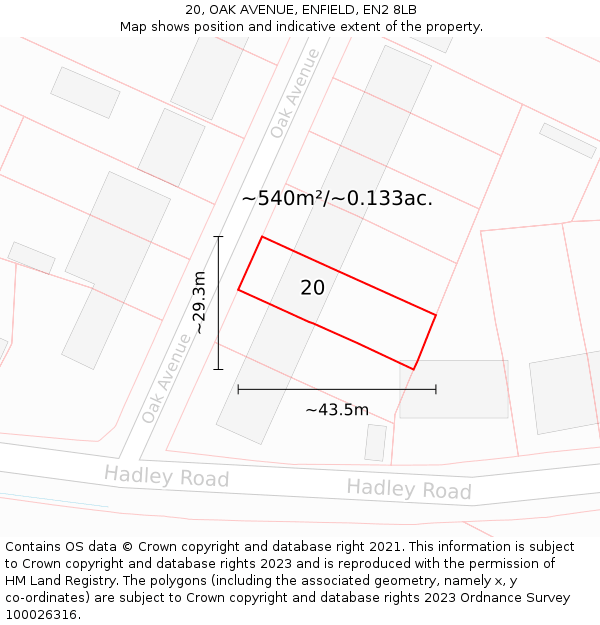 20, OAK AVENUE, ENFIELD, EN2 8LB: Plot and title map