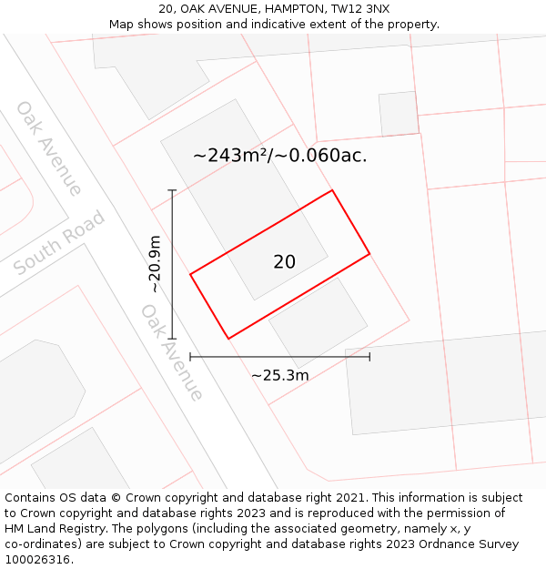 20, OAK AVENUE, HAMPTON, TW12 3NX: Plot and title map