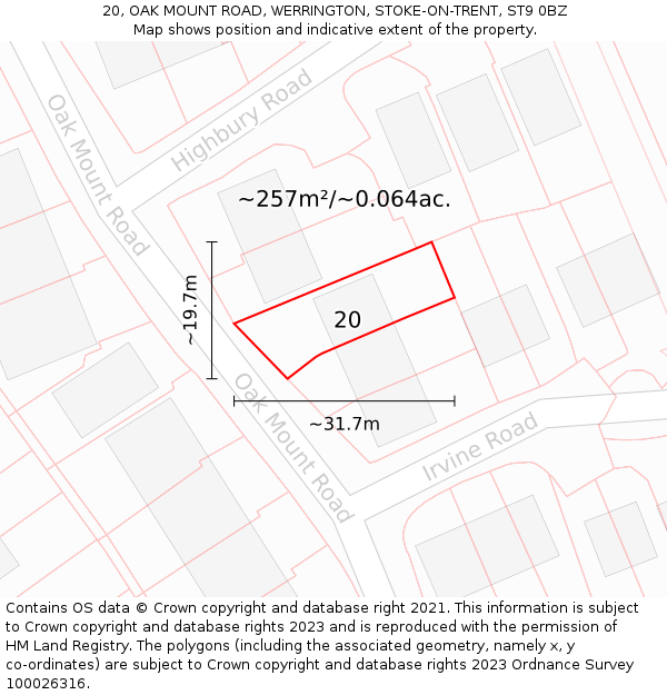 20, OAK MOUNT ROAD, WERRINGTON, STOKE-ON-TRENT, ST9 0BZ: Plot and title map