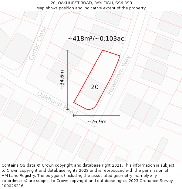 20, OAKHURST ROAD, RAYLEIGH, SS6 8SR: Plot and title map