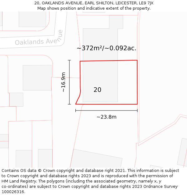 20, OAKLANDS AVENUE, EARL SHILTON, LEICESTER, LE9 7JX: Plot and title map