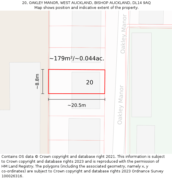 20, OAKLEY MANOR, WEST AUCKLAND, BISHOP AUCKLAND, DL14 9AQ: Plot and title map