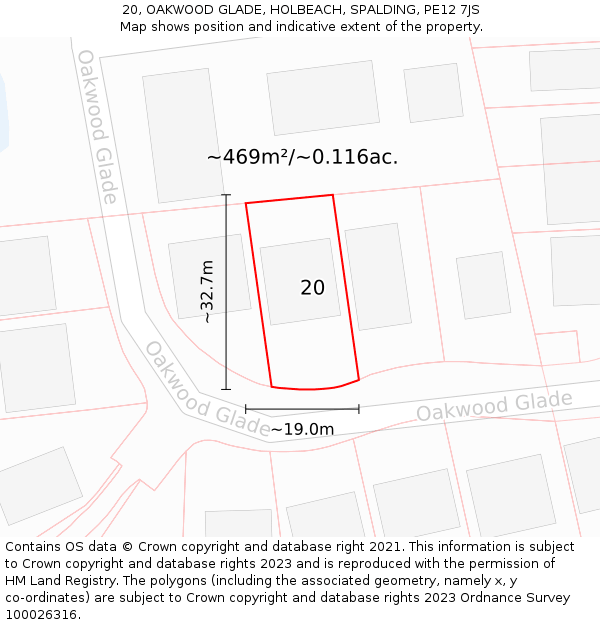 20, OAKWOOD GLADE, HOLBEACH, SPALDING, PE12 7JS: Plot and title map