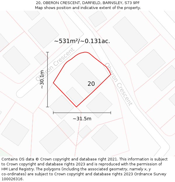 20, OBERON CRESCENT, DARFIELD, BARNSLEY, S73 9PF: Plot and title map