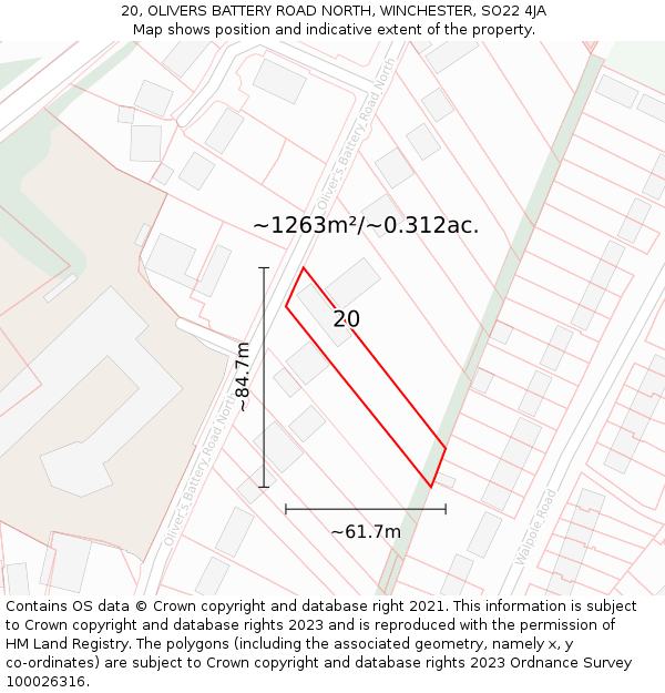 20, OLIVERS BATTERY ROAD NORTH, WINCHESTER, SO22 4JA: Plot and title map