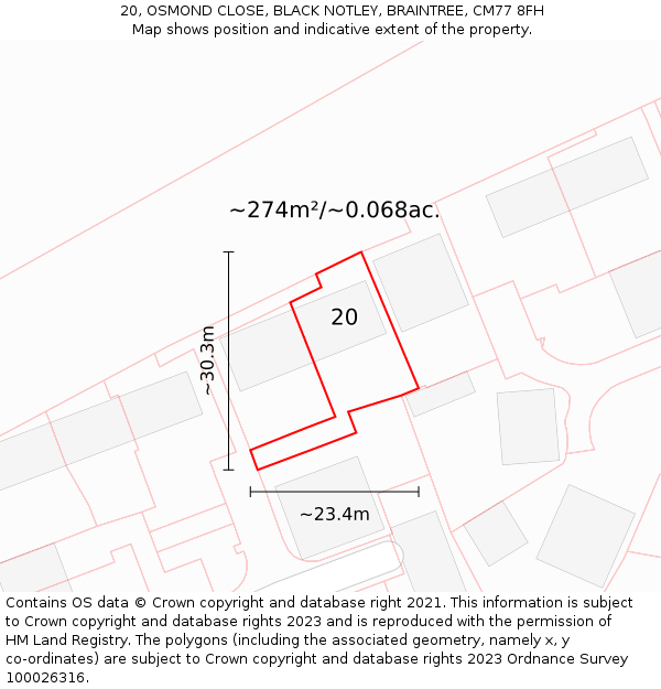 20, OSMOND CLOSE, BLACK NOTLEY, BRAINTREE, CM77 8FH: Plot and title map