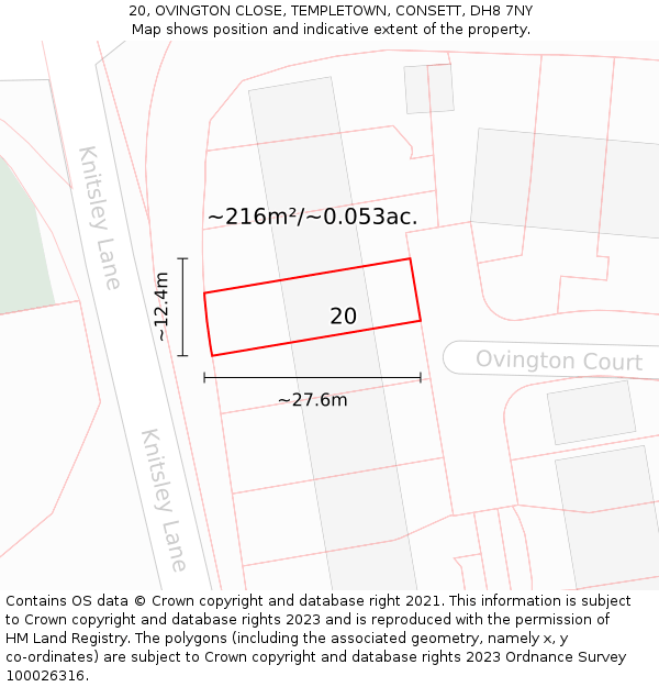 20, OVINGTON CLOSE, TEMPLETOWN, CONSETT, DH8 7NY: Plot and title map