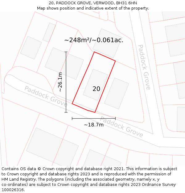 20, PADDOCK GROVE, VERWOOD, BH31 6HN: Plot and title map