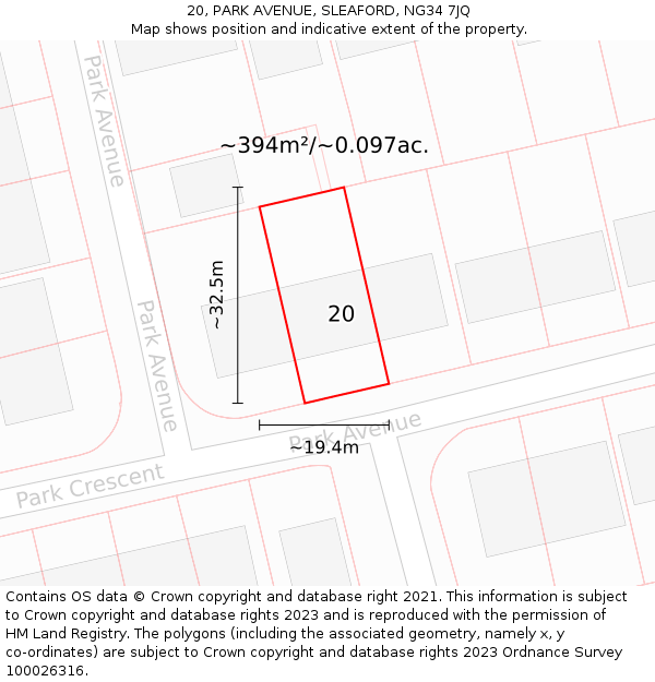 20, PARK AVENUE, SLEAFORD, NG34 7JQ: Plot and title map