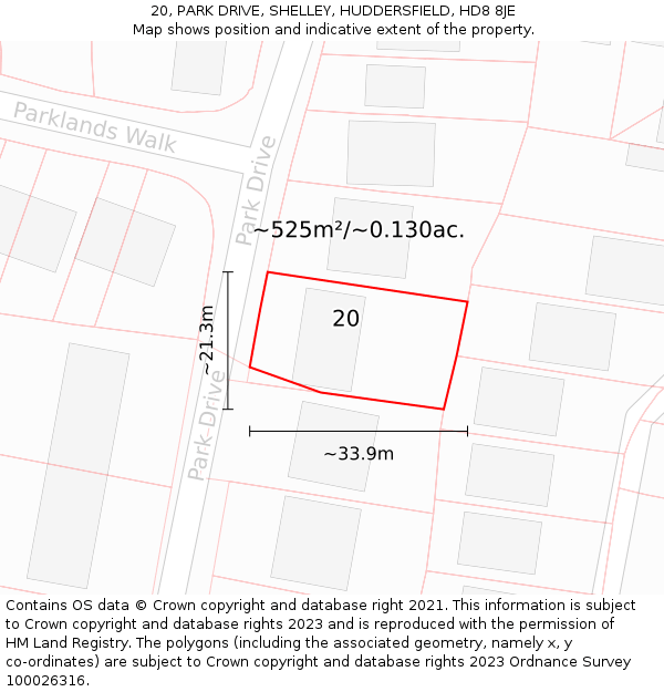 20, PARK DRIVE, SHELLEY, HUDDERSFIELD, HD8 8JE: Plot and title map