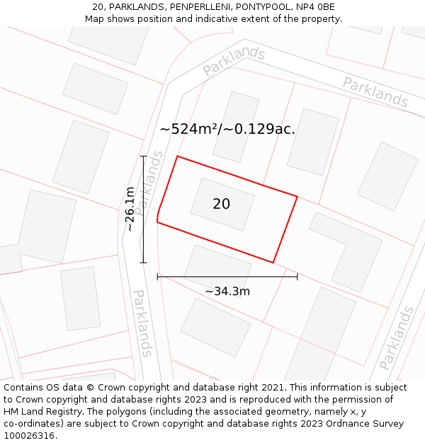 20, PARKLANDS, PENPERLLENI, PONTYPOOL, NP4 0BE: Plot and title map