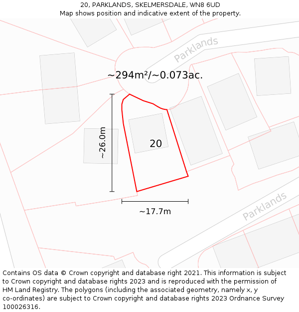 20, PARKLANDS, SKELMERSDALE, WN8 6UD: Plot and title map