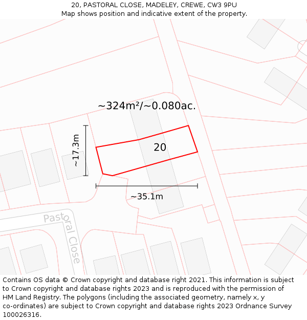 20, PASTORAL CLOSE, MADELEY, CREWE, CW3 9PU: Plot and title map