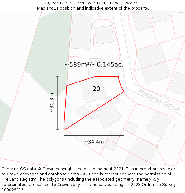 20, PASTURES DRIVE, WESTON, CREWE, CW2 5SD: Plot and title map