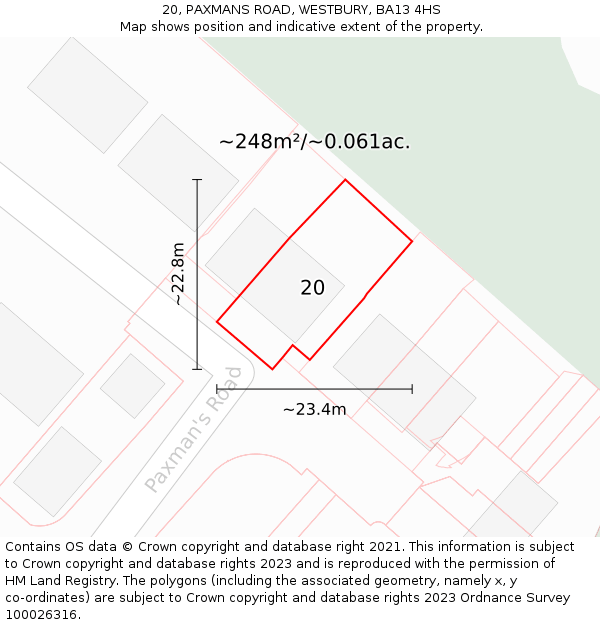 20, PAXMANS ROAD, WESTBURY, BA13 4HS: Plot and title map