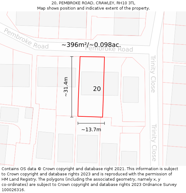 20, PEMBROKE ROAD, CRAWLEY, RH10 3TL: Plot and title map