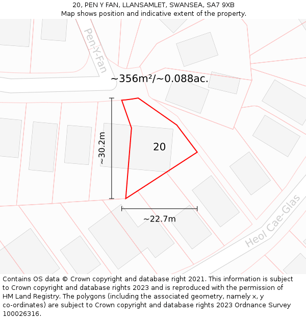 20, PEN Y FAN, LLANSAMLET, SWANSEA, SA7 9XB: Plot and title map