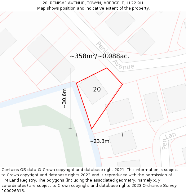 20, PENISAF AVENUE, TOWYN, ABERGELE, LL22 9LL: Plot and title map