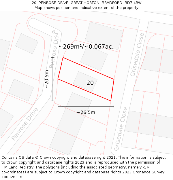 20, PENROSE DRIVE, GREAT HORTON, BRADFORD, BD7 4RW: Plot and title map