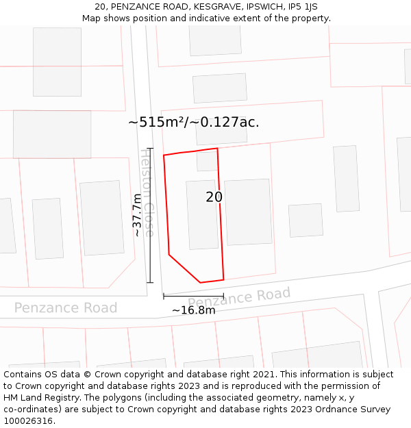 20, PENZANCE ROAD, KESGRAVE, IPSWICH, IP5 1JS: Plot and title map