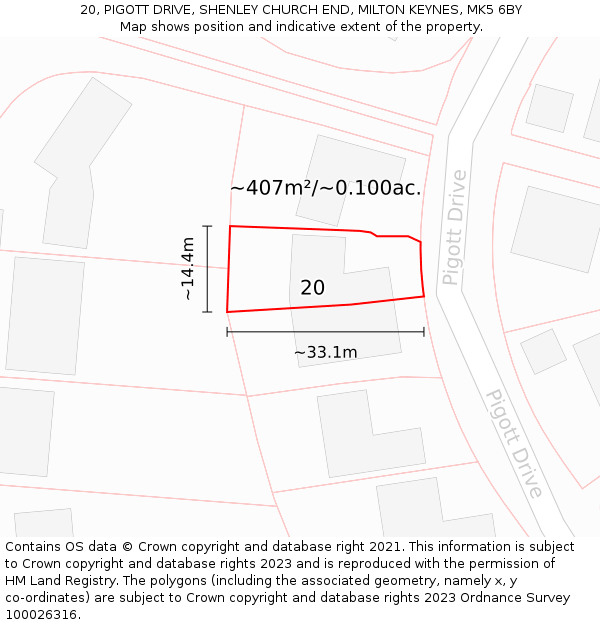 20, PIGOTT DRIVE, SHENLEY CHURCH END, MILTON KEYNES, MK5 6BY: Plot and title map