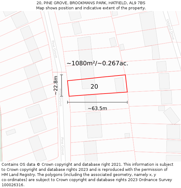 20, PINE GROVE, BROOKMANS PARK, HATFIELD, AL9 7BS: Plot and title map