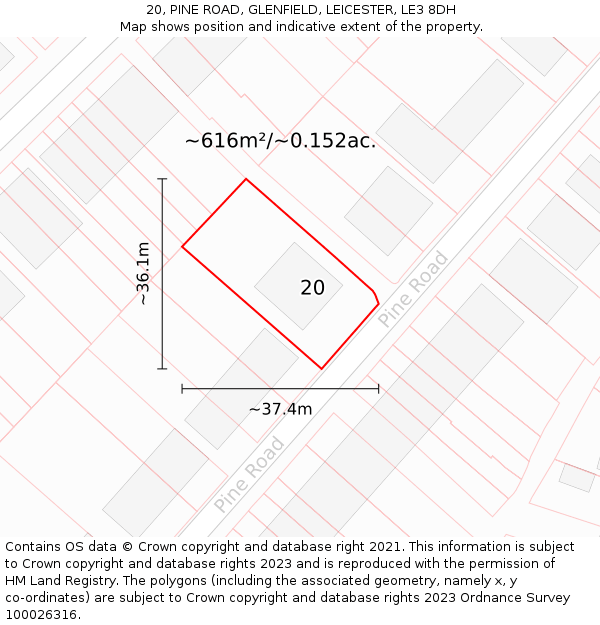 20, PINE ROAD, GLENFIELD, LEICESTER, LE3 8DH: Plot and title map