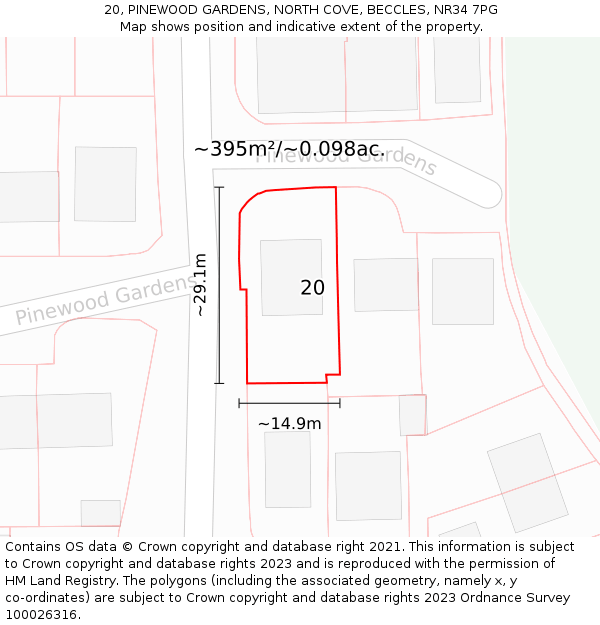 20, PINEWOOD GARDENS, NORTH COVE, BECCLES, NR34 7PG: Plot and title map