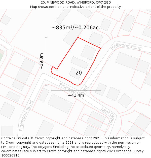 20, PINEWOOD ROAD, WINSFORD, CW7 2GD: Plot and title map