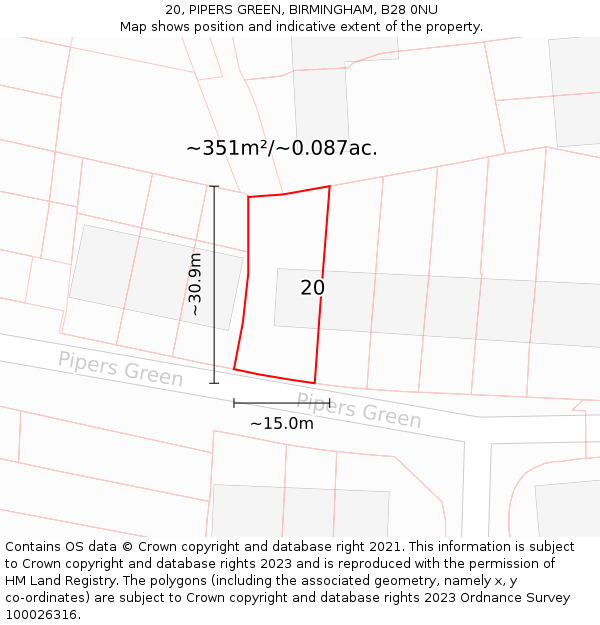 20, PIPERS GREEN, BIRMINGHAM, B28 0NU: Plot and title map