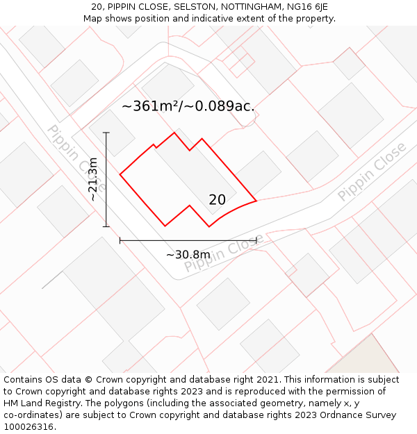 20, PIPPIN CLOSE, SELSTON, NOTTINGHAM, NG16 6JE: Plot and title map