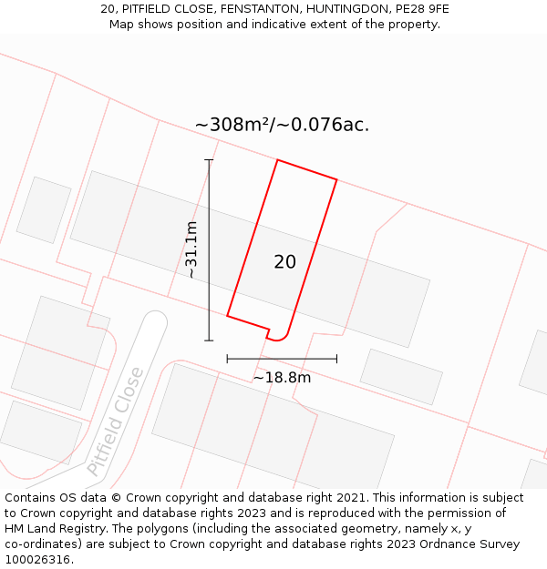 20, PITFIELD CLOSE, FENSTANTON, HUNTINGDON, PE28 9FE: Plot and title map