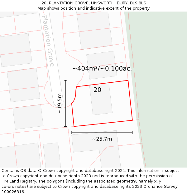 20, PLANTATION GROVE, UNSWORTH, BURY, BL9 8LS: Plot and title map