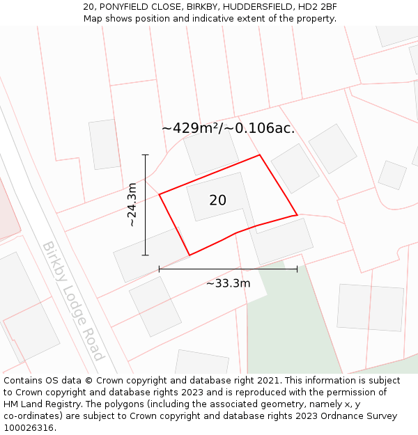 20, PONYFIELD CLOSE, BIRKBY, HUDDERSFIELD, HD2 2BF: Plot and title map