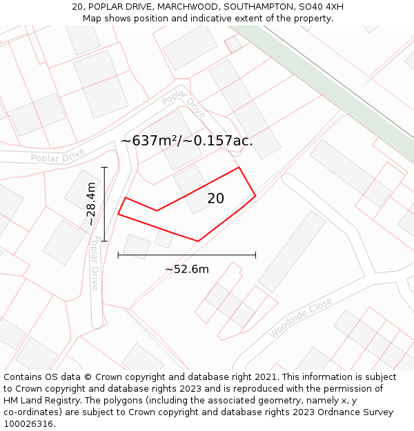 20, POPLAR DRIVE, MARCHWOOD, SOUTHAMPTON, SO40 4XH: Plot and title map