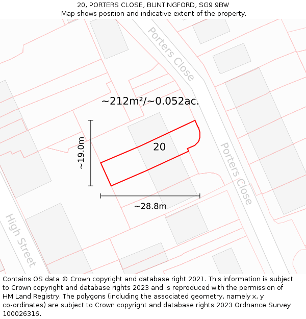 20, PORTERS CLOSE, BUNTINGFORD, SG9 9BW: Plot and title map