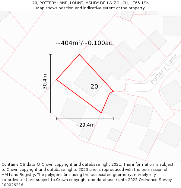 20, POTTERY LANE, LOUNT, ASHBY-DE-LA-ZOUCH, LE65 1SN: Plot and title map