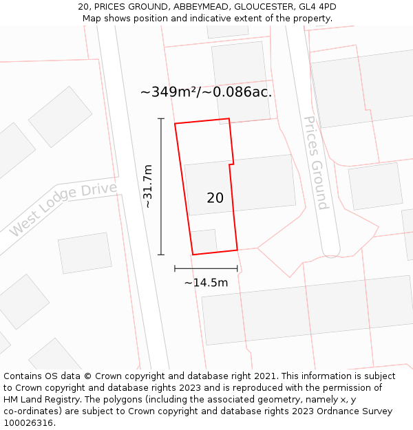 20, PRICES GROUND, ABBEYMEAD, GLOUCESTER, GL4 4PD: Plot and title map