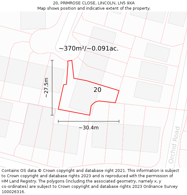 20, PRIMROSE CLOSE, LINCOLN, LN5 9XA: Plot and title map