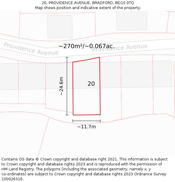 20, PROVIDENCE AVENUE, BRADFORD, BD10 0TQ: Plot and title map