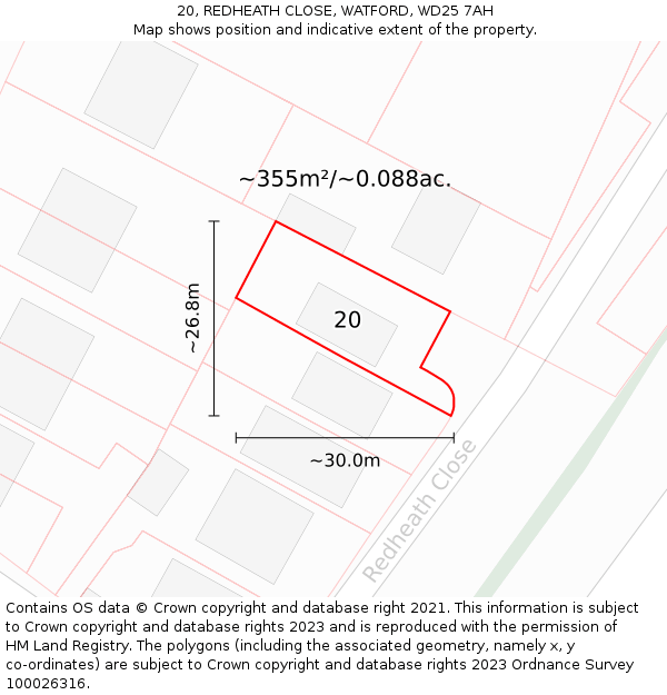 20, REDHEATH CLOSE, WATFORD, WD25 7AH: Plot and title map