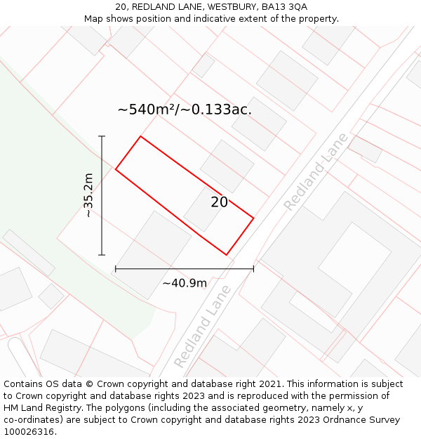 20, REDLAND LANE, WESTBURY, BA13 3QA: Plot and title map