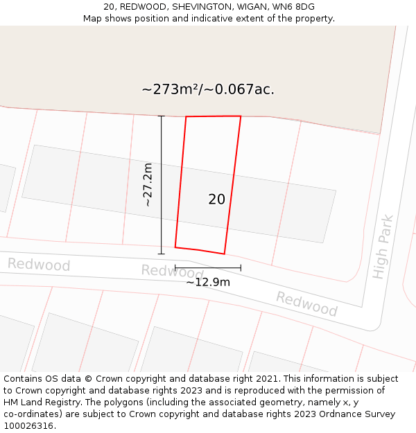 20, REDWOOD, SHEVINGTON, WIGAN, WN6 8DG: Plot and title map