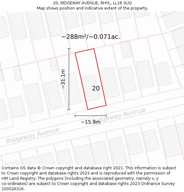 20, RIDGEWAY AVENUE, RHYL, LL18 3UG: Plot and title map